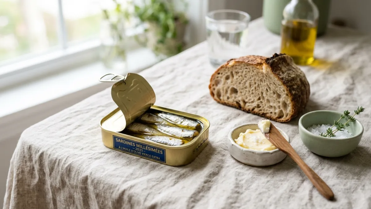 Nature morte culinaire contemporaine, baignée d'une lumière naturelle et douce. Une boîte de sardine