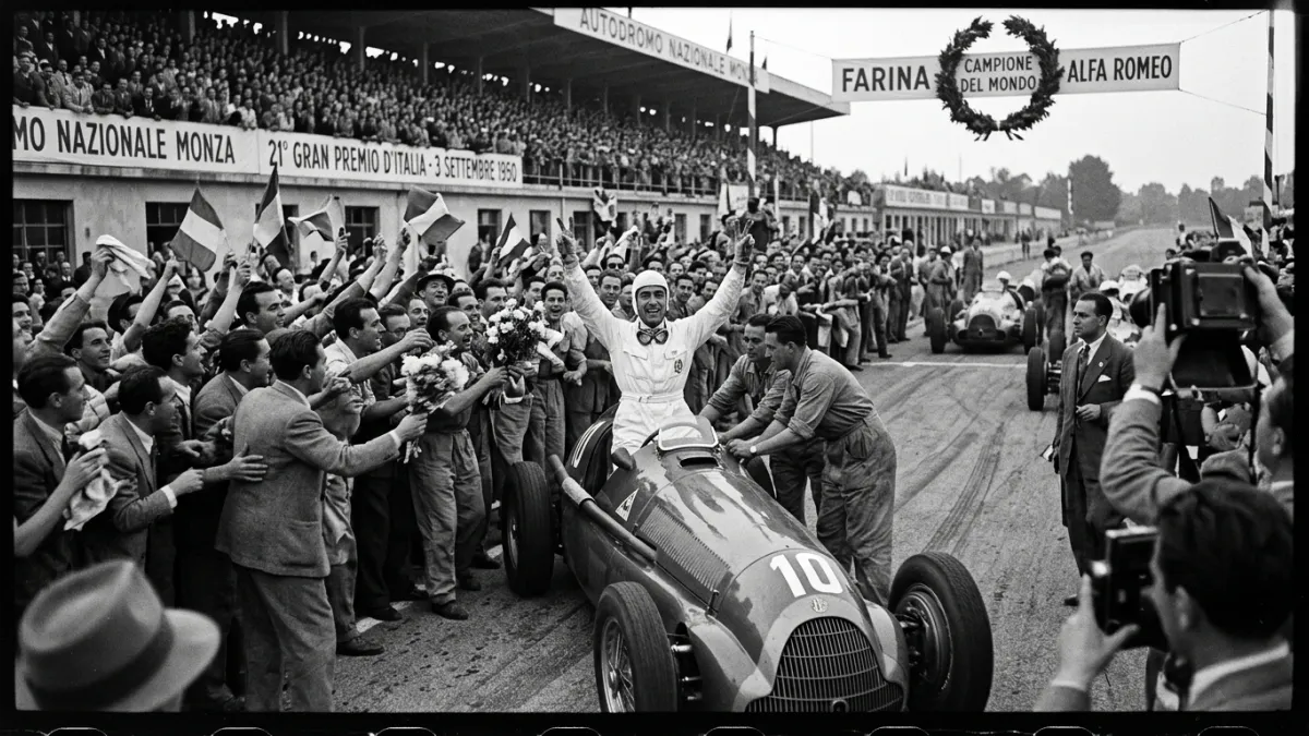 Giuseppe Farina célébrant sa victoire au volant de sa Formule 1 vintage Alfa Romeo à Monza en 1950, 