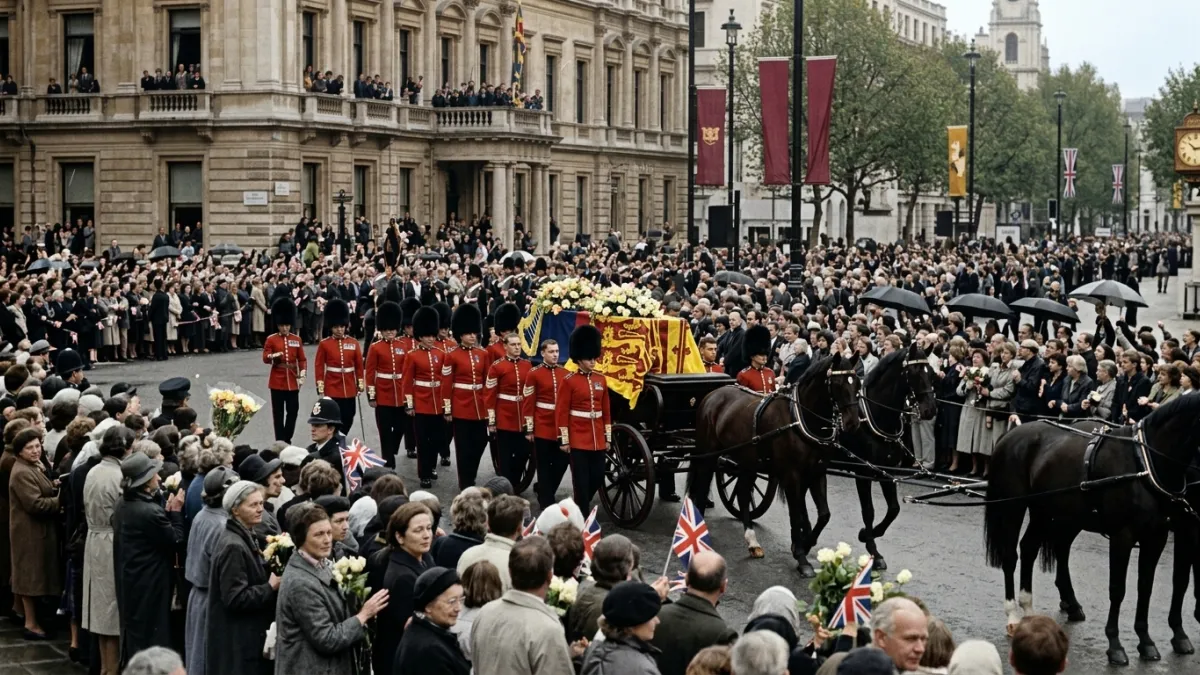 Photo d'archive du cortège funéraire de la princesse Diana à Londres le 6 septembre 1997, montrant l