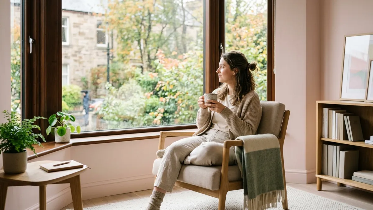 Femme pensive près d'une grande fenêtre, tenant une tasse.