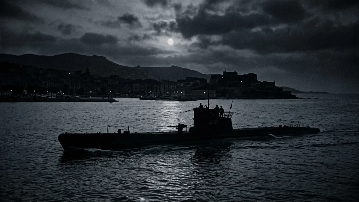 Sous-marin Casabianca naviguant de nuit dans la rade d'Ajaccio.