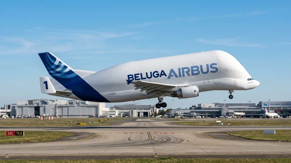 Avion cargo Airbus Beluga en plein décollage à Toulouse-Blagnac.
