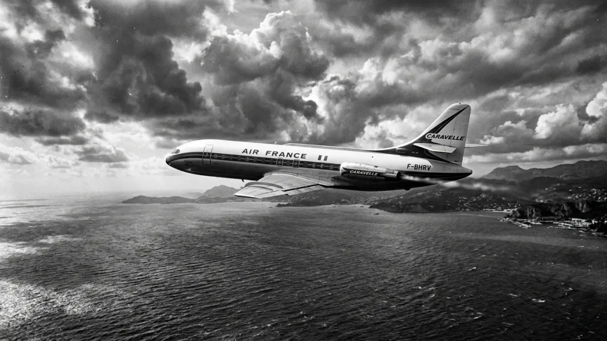 Avion Caravelle en vol au-dessus de la Méditerranée dans les années 1960.