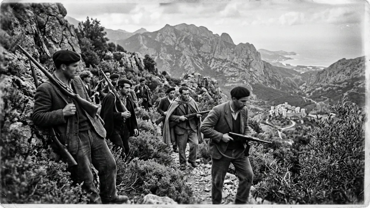 Photographie d'époque en noir et blanc montrant des résistants corses armés, postés dans le relief m