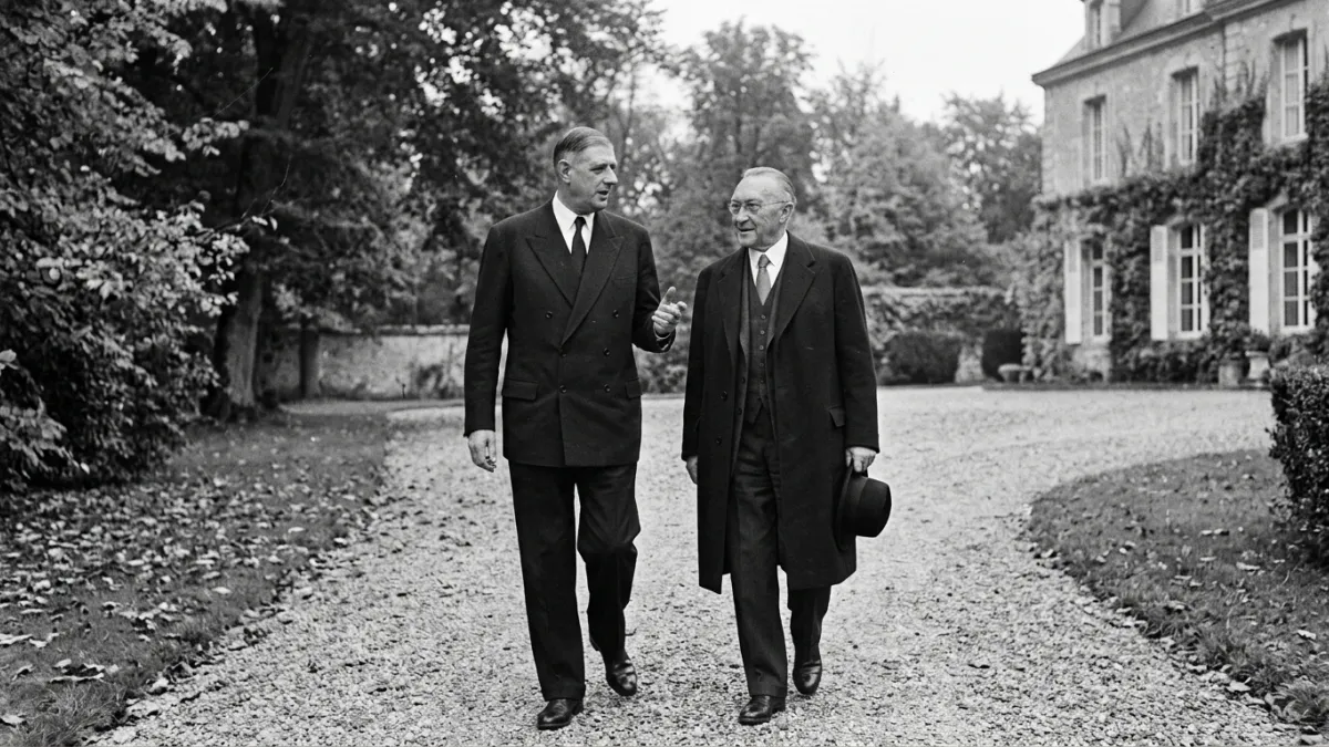 Charles de Gaulle et Konrad Adenauer marchant à La Boisserie en septembre 1958.