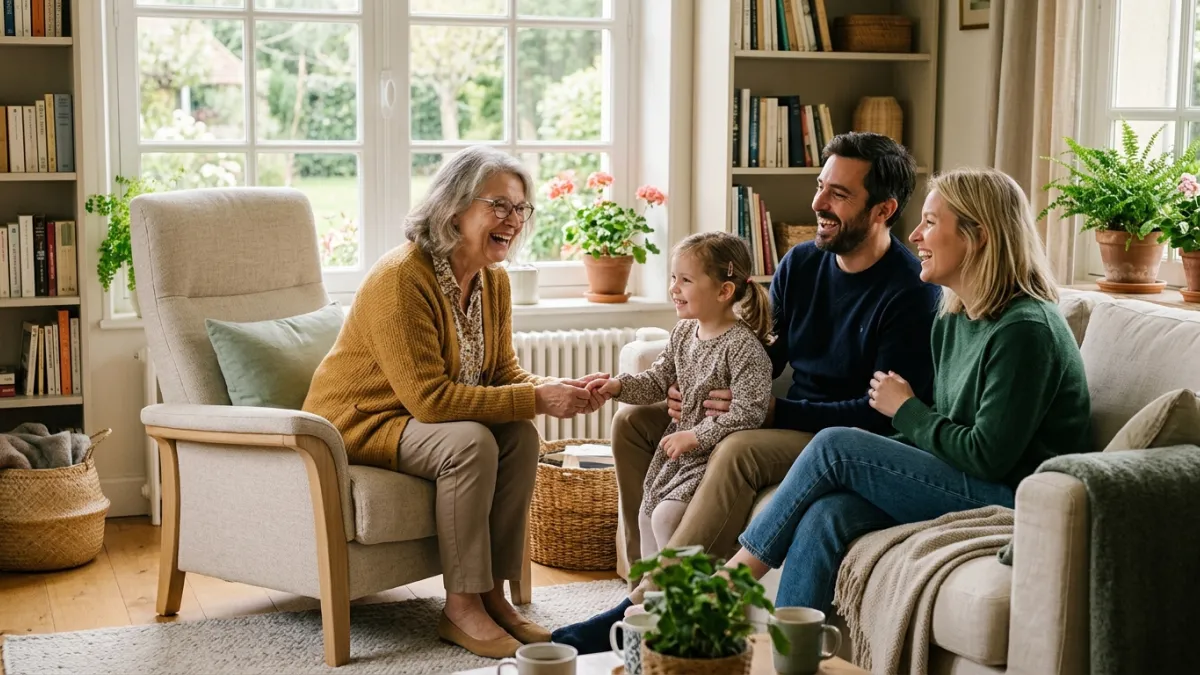 Une femme âgée souriante sur un fauteuil beige, entourée de sa famille.