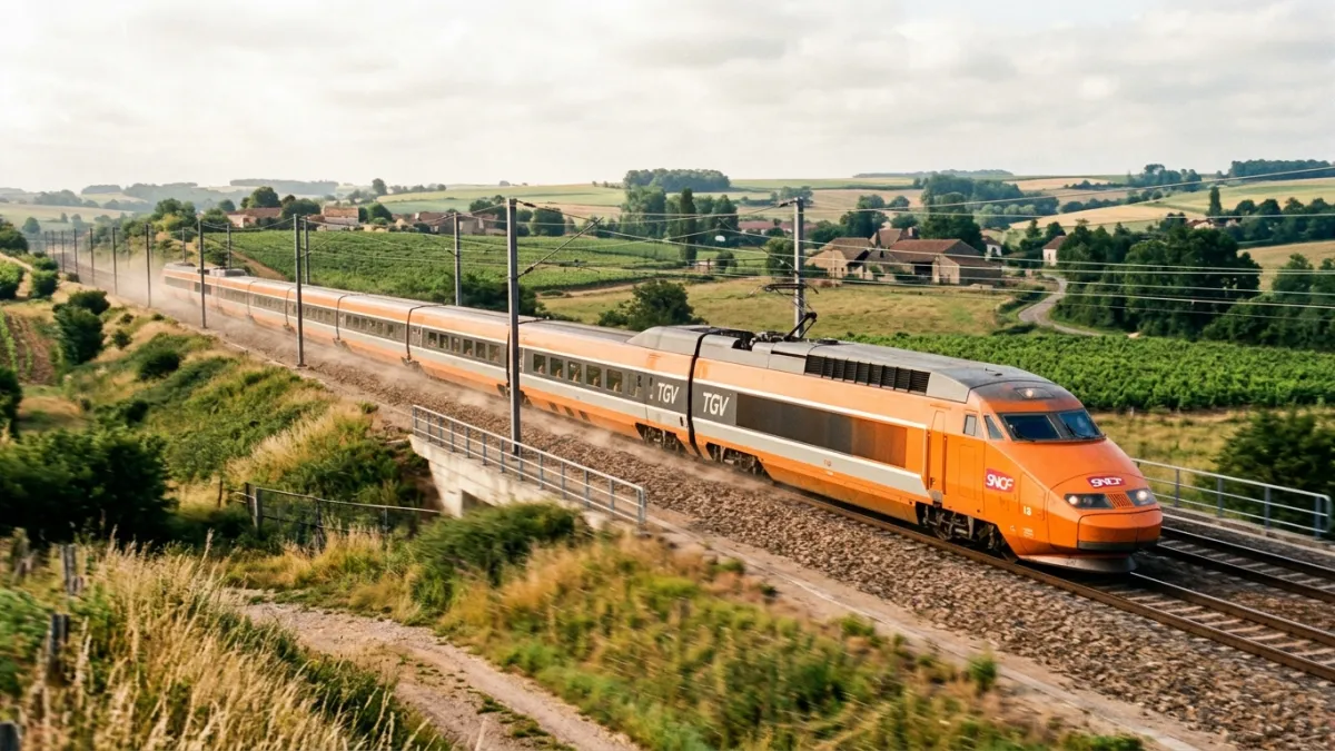 Un TGV orange vif des années 1980 file dans la campagne française.