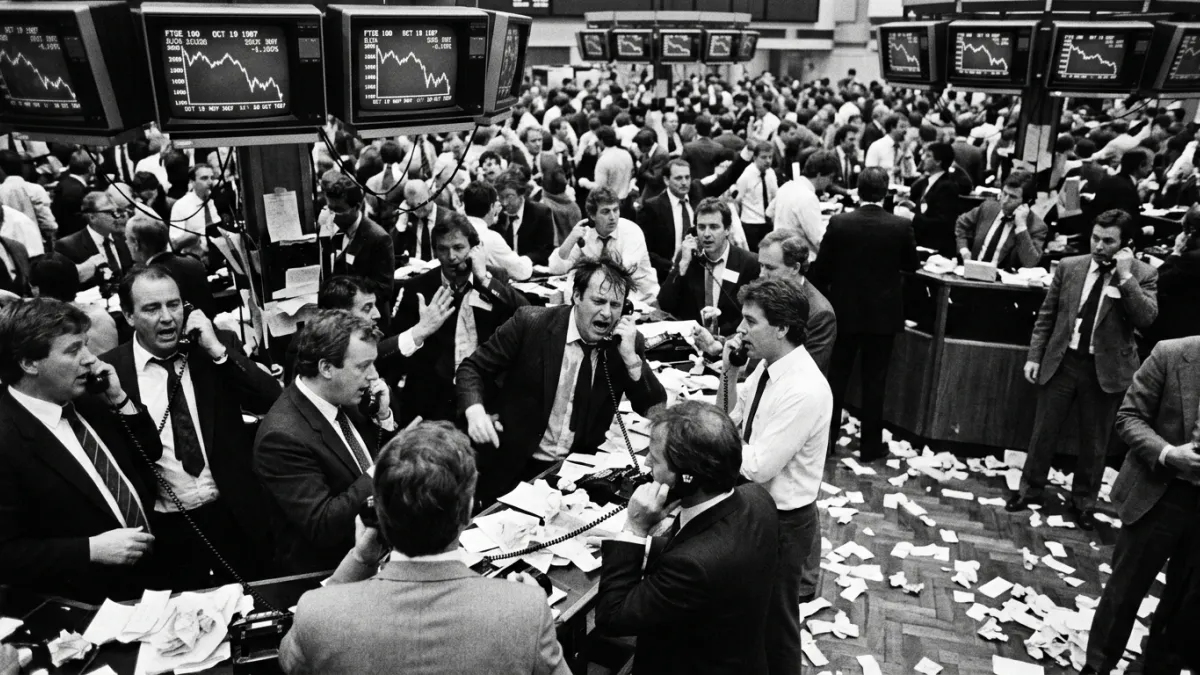 Bourse en panique en octobre 1987, courtiers stressés et écrans cathodiques.