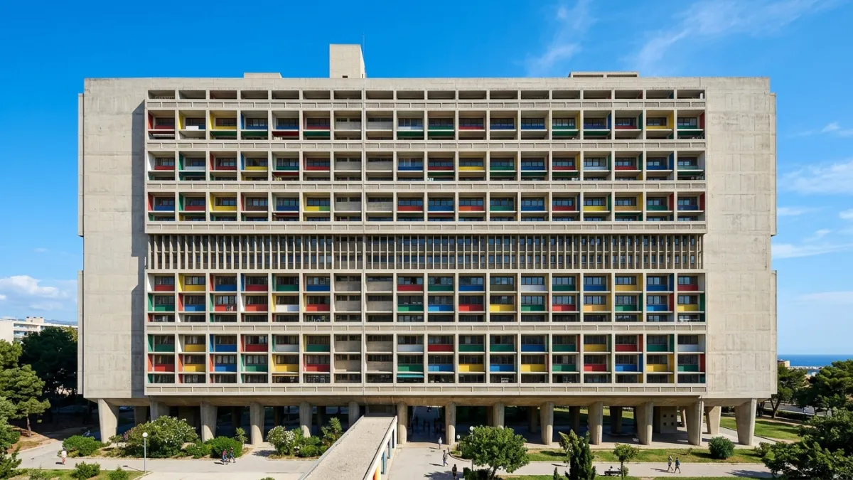 Façade en béton et balcons colorés de la Cité radieuse à Marseille.