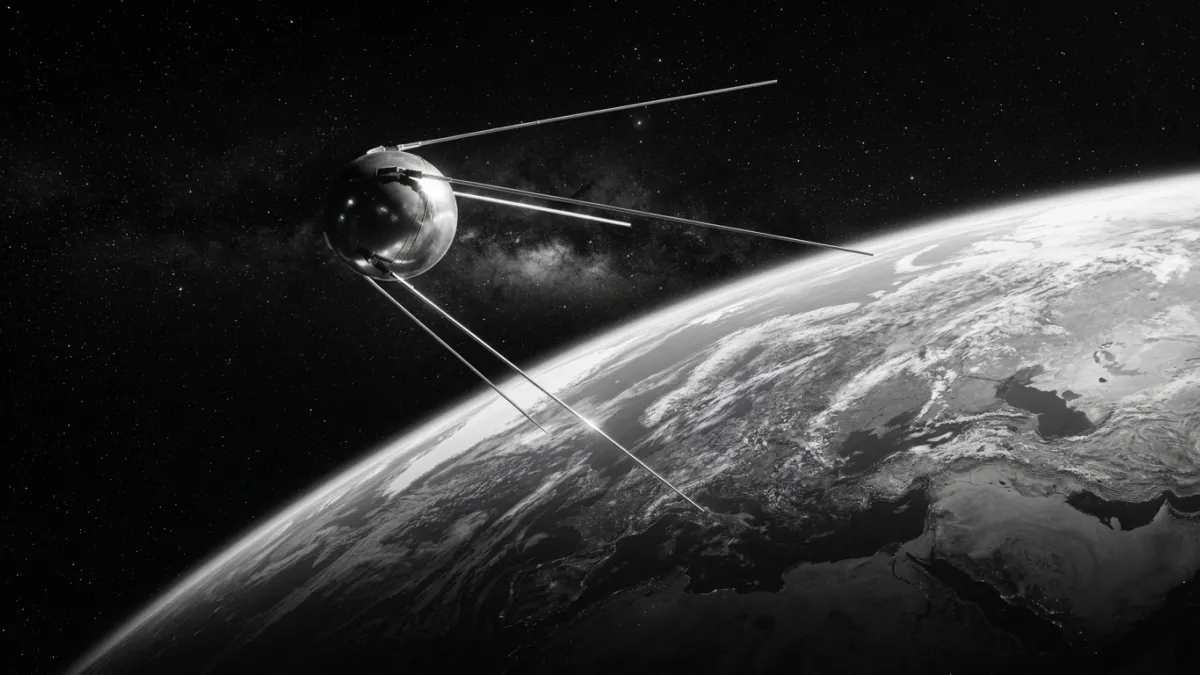 Spoutnik 1 en orbite terrestre, en noir et blanc.