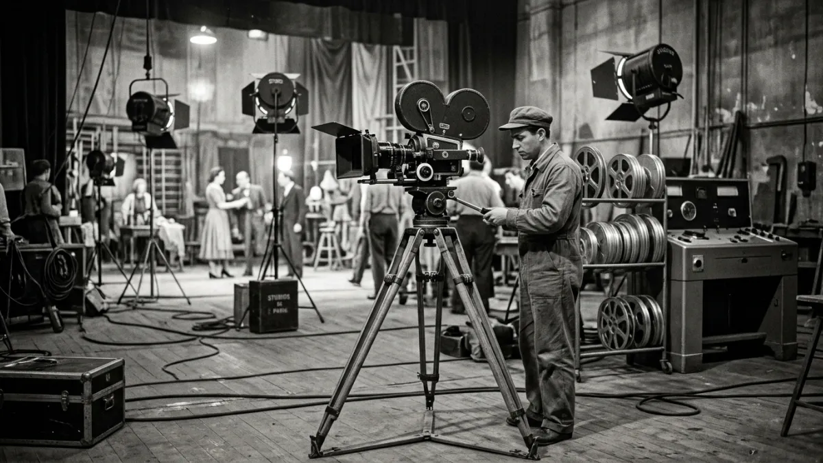 Caméra 35mm sur trépied dans un studio de cinéma des années 1940