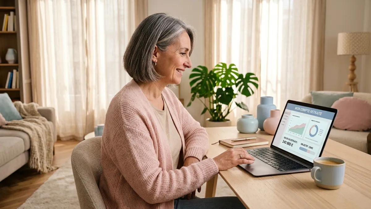 Femme de 55 ans souriante consultant ses comptes retraite sur ordinateur.
