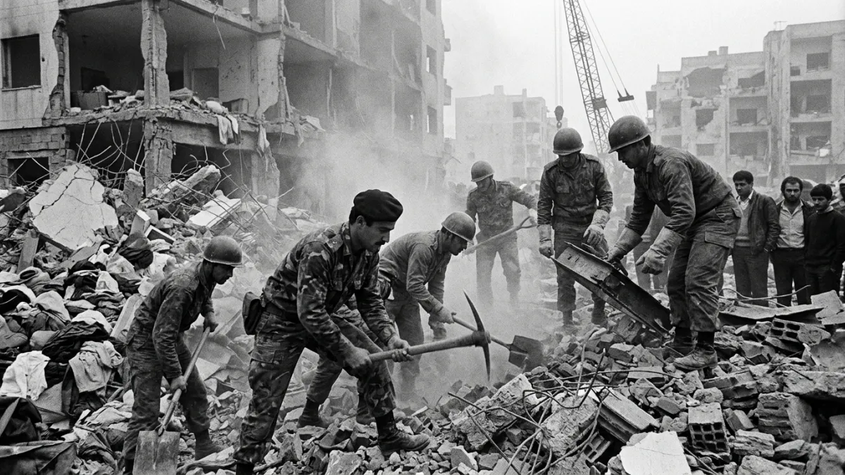 Sauveteurs fouillant les décombres fumants à Beyrouth en 1983.