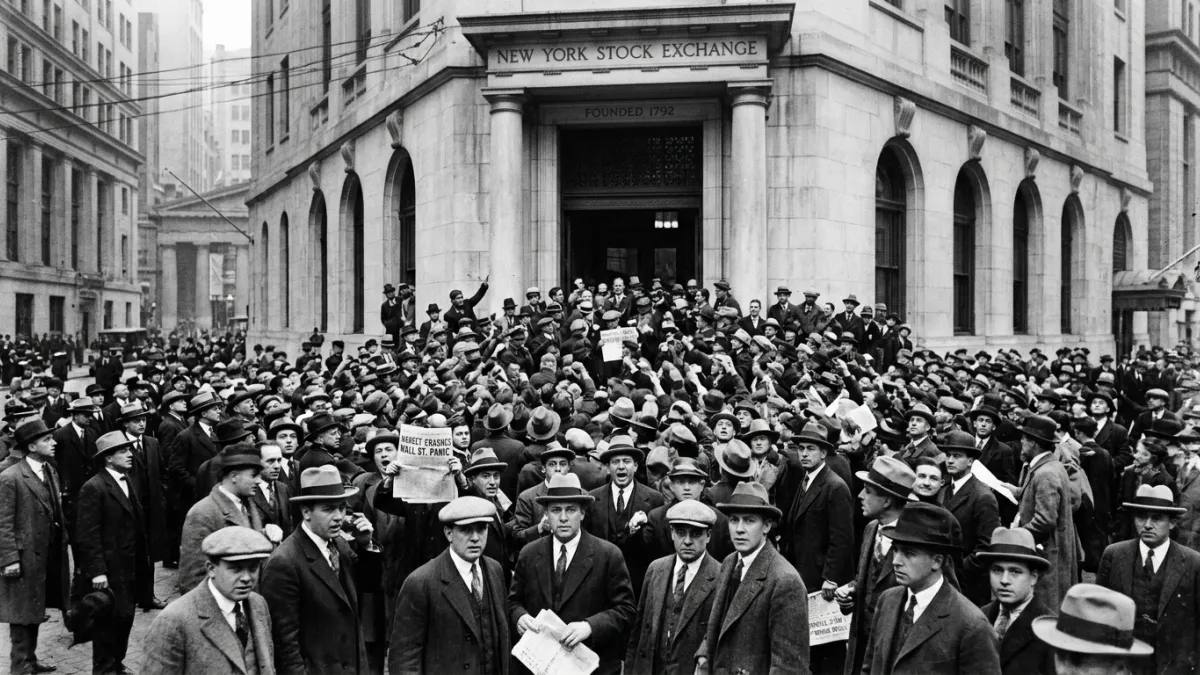 Foule inquiète devant la bourse de Wall Street en 1920.