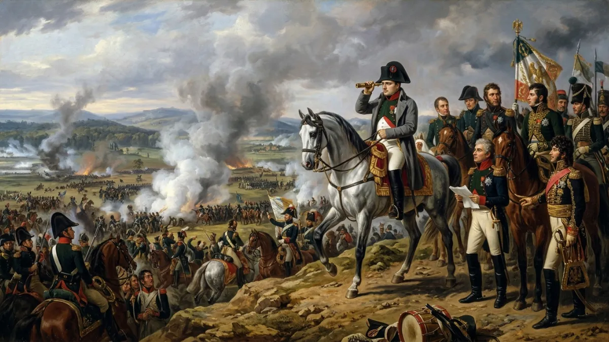 Napoléon à cheval observe le champ de bataille d'Iéna entouré de ses officiers.