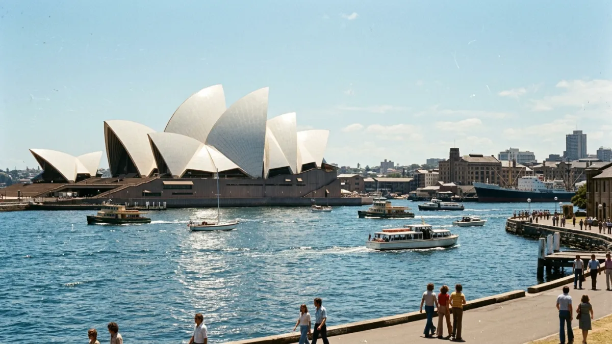 Photo vintage des années 1970 de l'Opéra de Sydney sous un ciel dégagé.