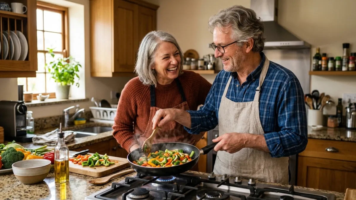 Un couple souriant cuisine ensemble des légumes dans une poêle.