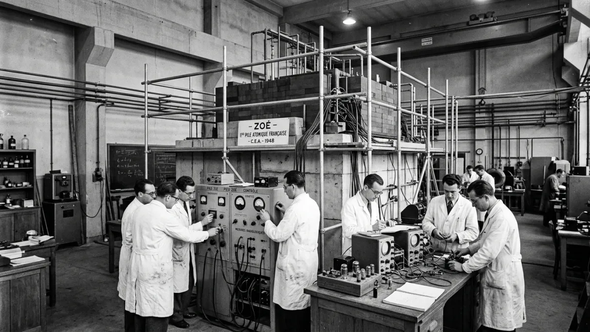 Scientifiques en blouse blanche autour de la pile atomique française en 1948.