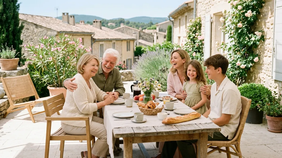 Trois générations réunies sur une terrasse ensoleillée autour d'une table.