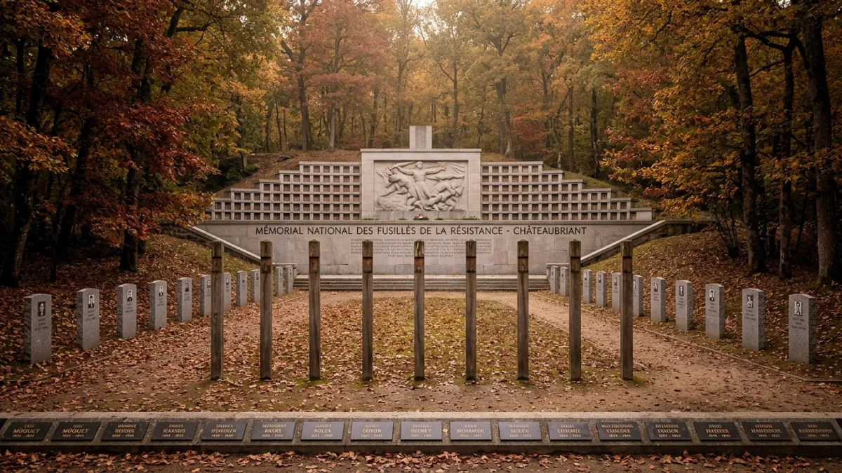 Mémorial de la Carrière des Fusillés à Châteaubriant en automne.