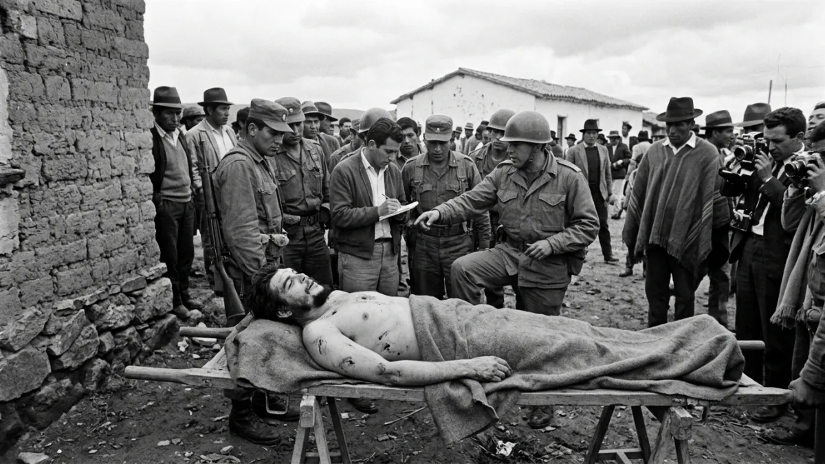 Photographie d'époque du corps sans vie de Che Guevara en Bolivie.