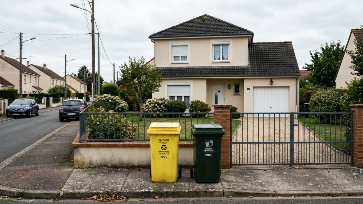 Deux poubelles, jaune et verte, devant le portail d'un pavillon.