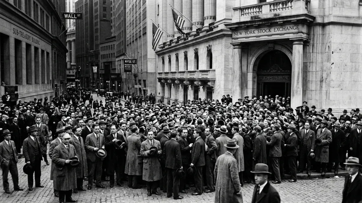Foule anxieuse massée devant Wall Street le 29 octobre 1929.