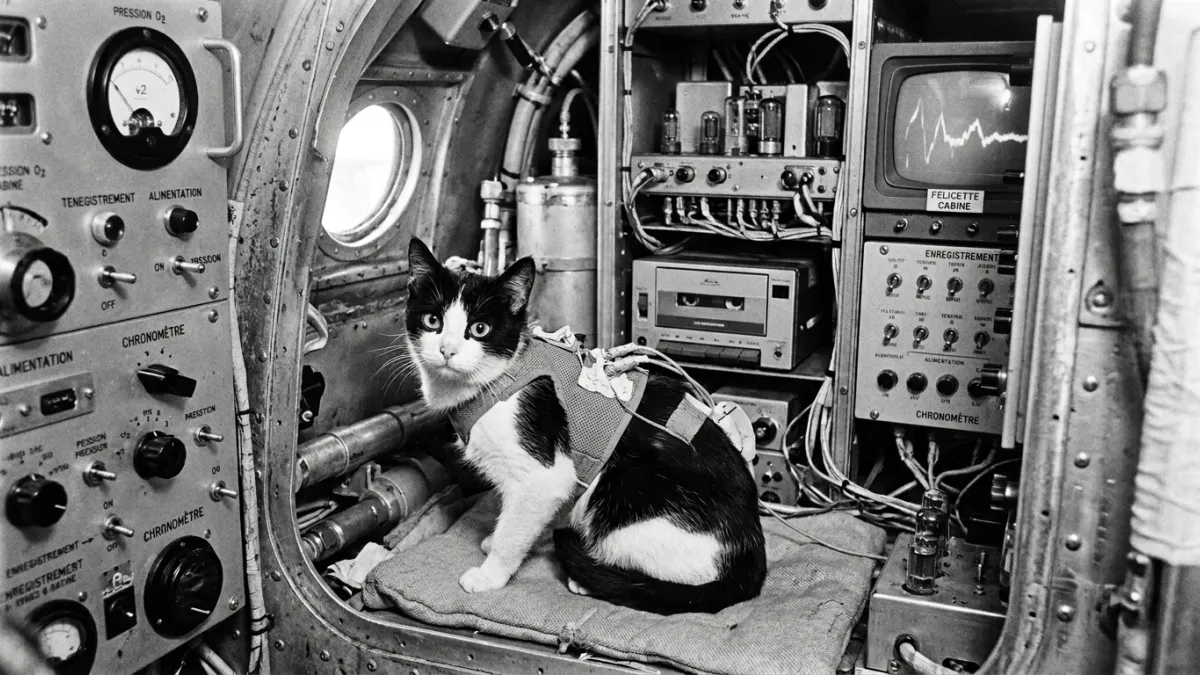 Chatte Félicette dans le module d'une capsule spatiale vintage des années 1960.