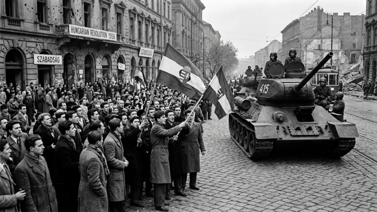 Manifestants hongrois et char soviétique à Budapest en octobre 1956.