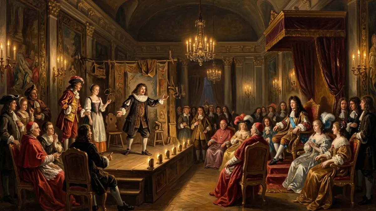 Molière et sa troupe jouant devant Louis XIV au Louvre au XVIIe siècle.