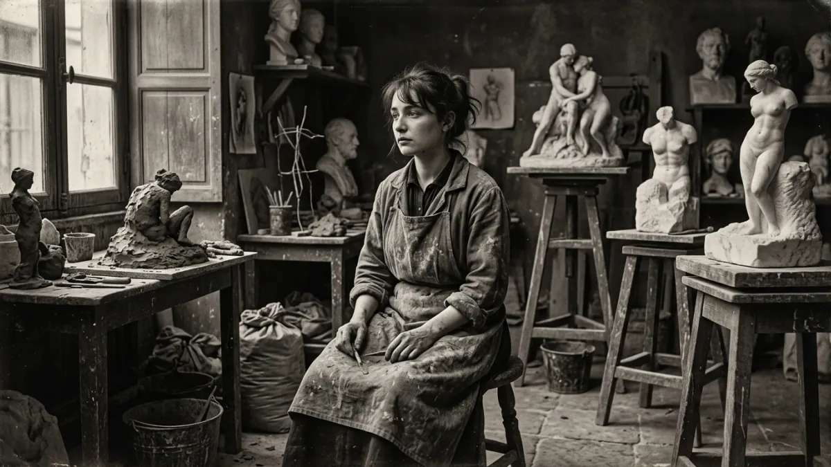 Un portrait d'époque en noir et blanc de Camille Claudel jeune dans son atelier.