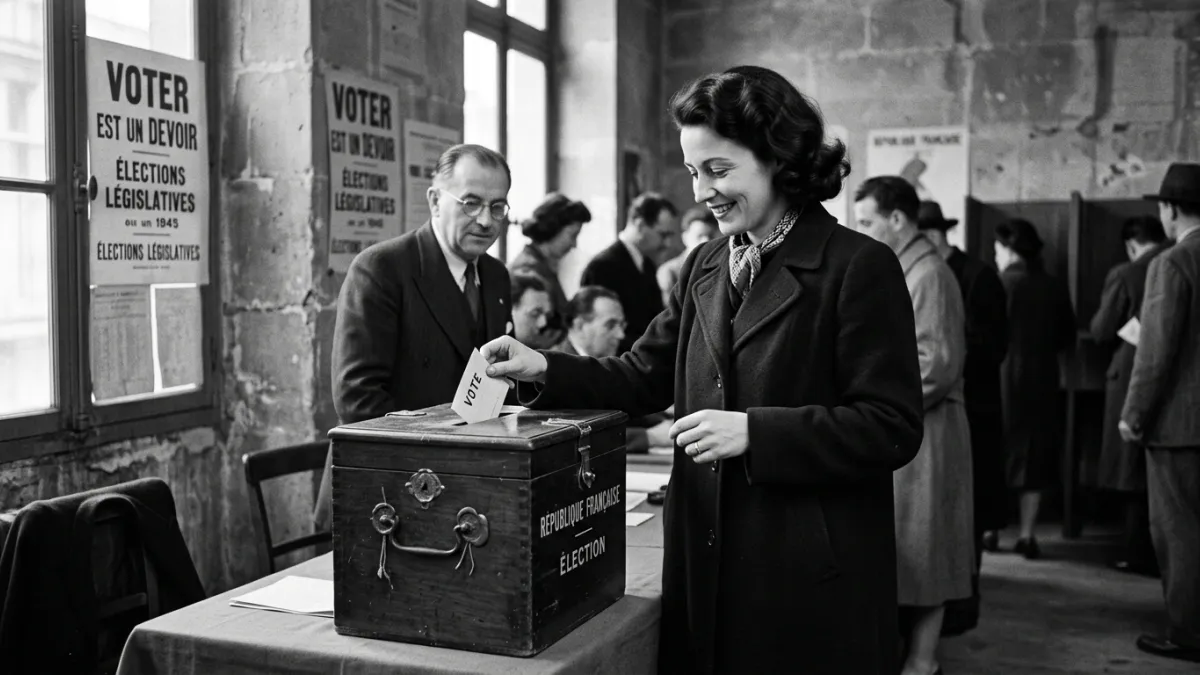 Femme française des années 1940 glissant son bulletin dans une urne.