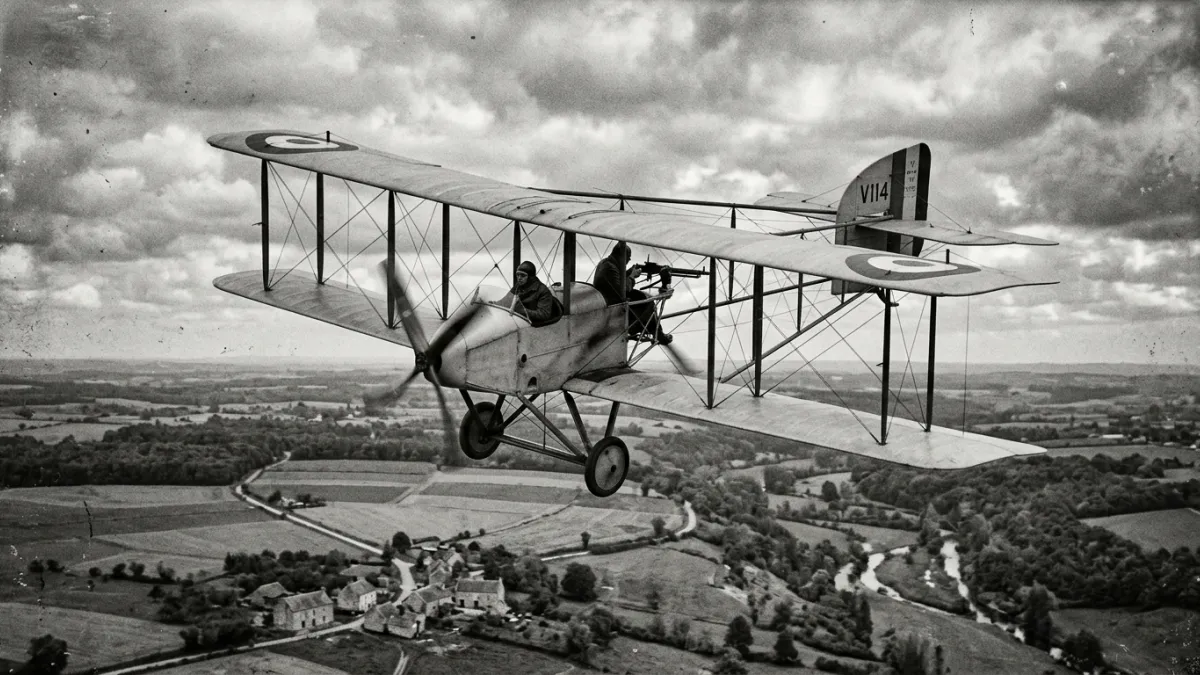 Biplan militaire français Voisin III en vol en 1914.