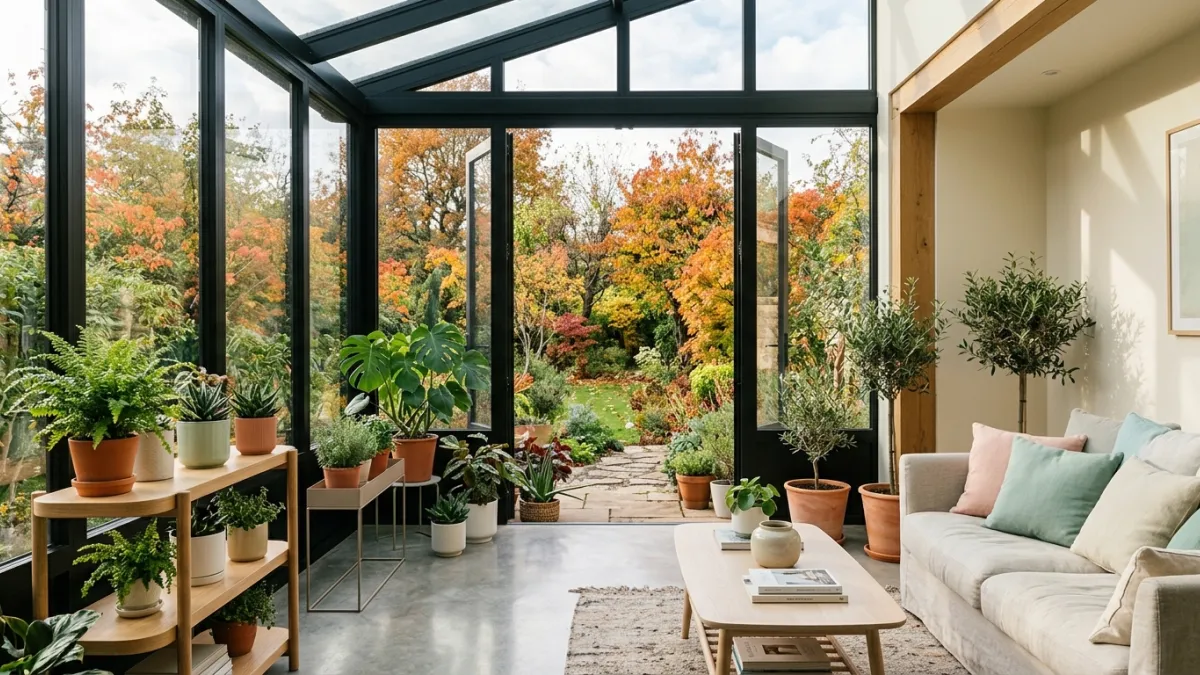 Véranda moderne et lumineuse avec plantes et vue sur jardin d'automne.