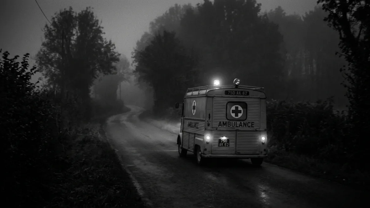 Un vieux fourgon d'ambulance roule de nuit sur une route brumeuse déserte