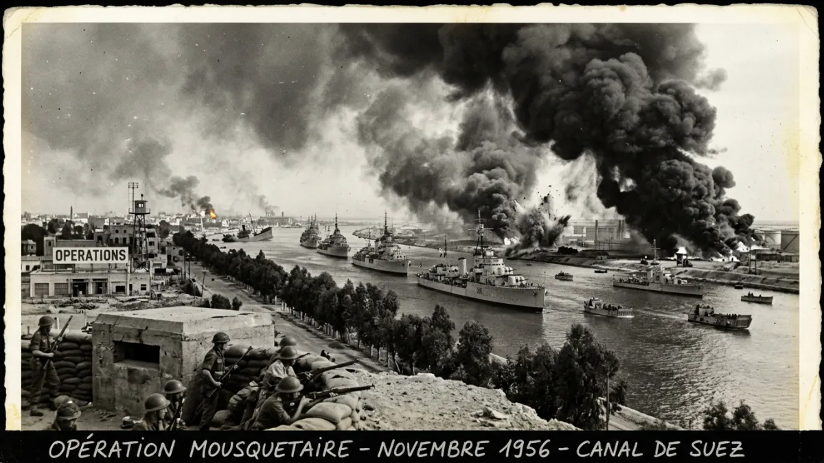 Navires de guerre et fumée sur le canal de Suez en 1956.