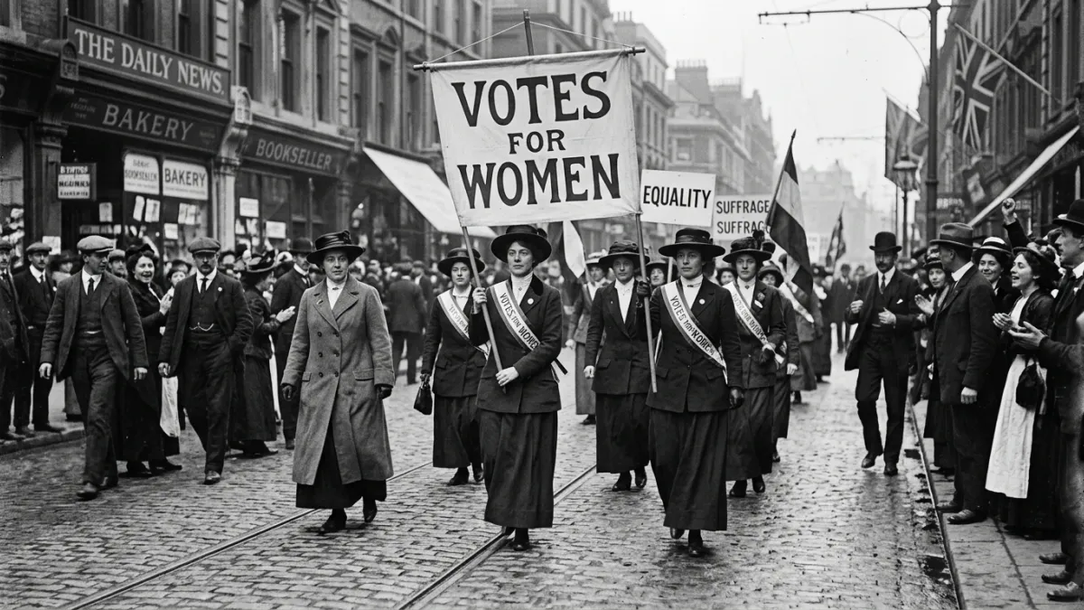 Suffragettes britanniques défilant avec la banderole Votes for Women.