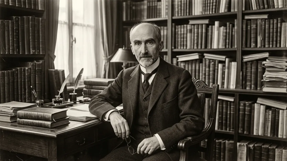 Portrait vintage en noir et blanc du philosophe Henri Bergson dans son bureau