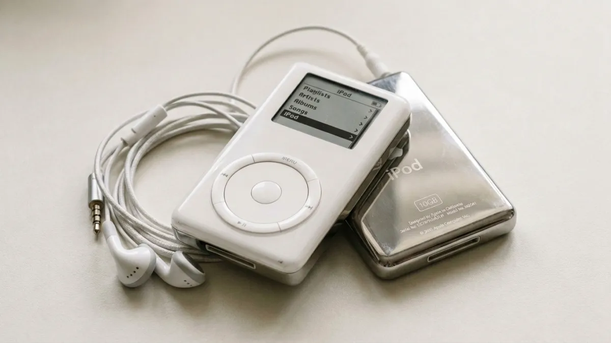 Gros plan du premier iPod blanc avec molette et sans les quatre touches.
