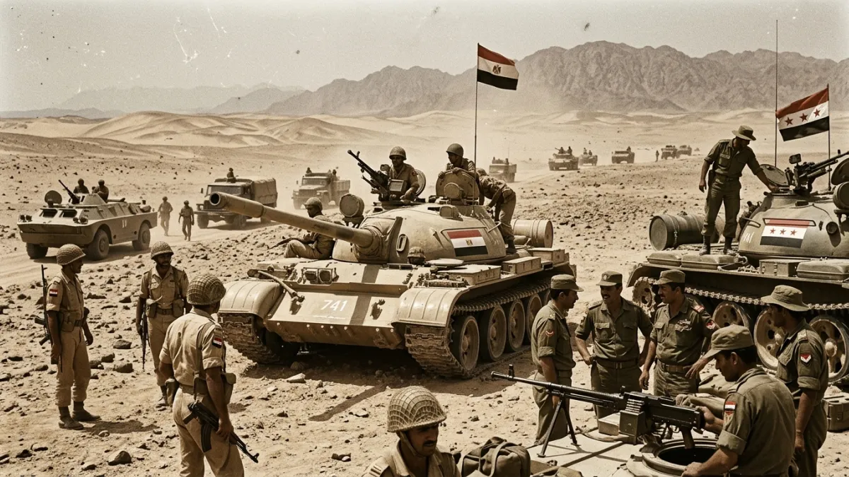 Troupes égyptiennes et syriennes dans le Sinaï en photo d'époque.