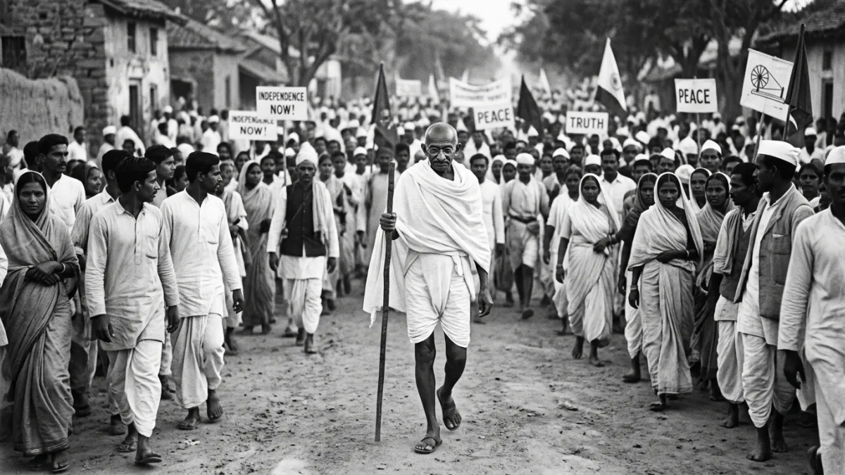 Gandhi marchant en dhoti blanc avec son bâton lors d'une marche pacifique.