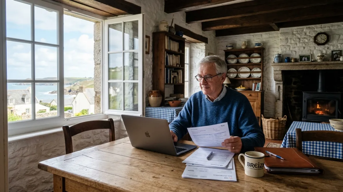 Homme senior travaillant sur ordinateur dans une maison bretonne lumineuse.