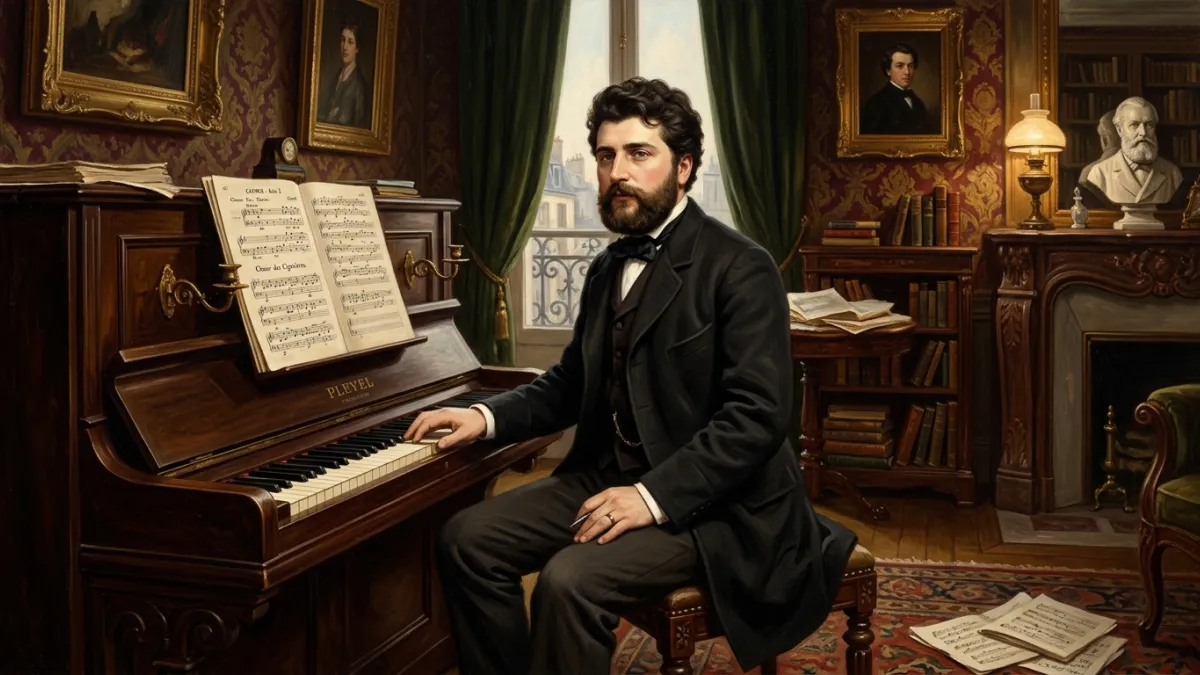 Portrait de Georges Bizet assis au piano dans un salon parisien du XIXe siècle.