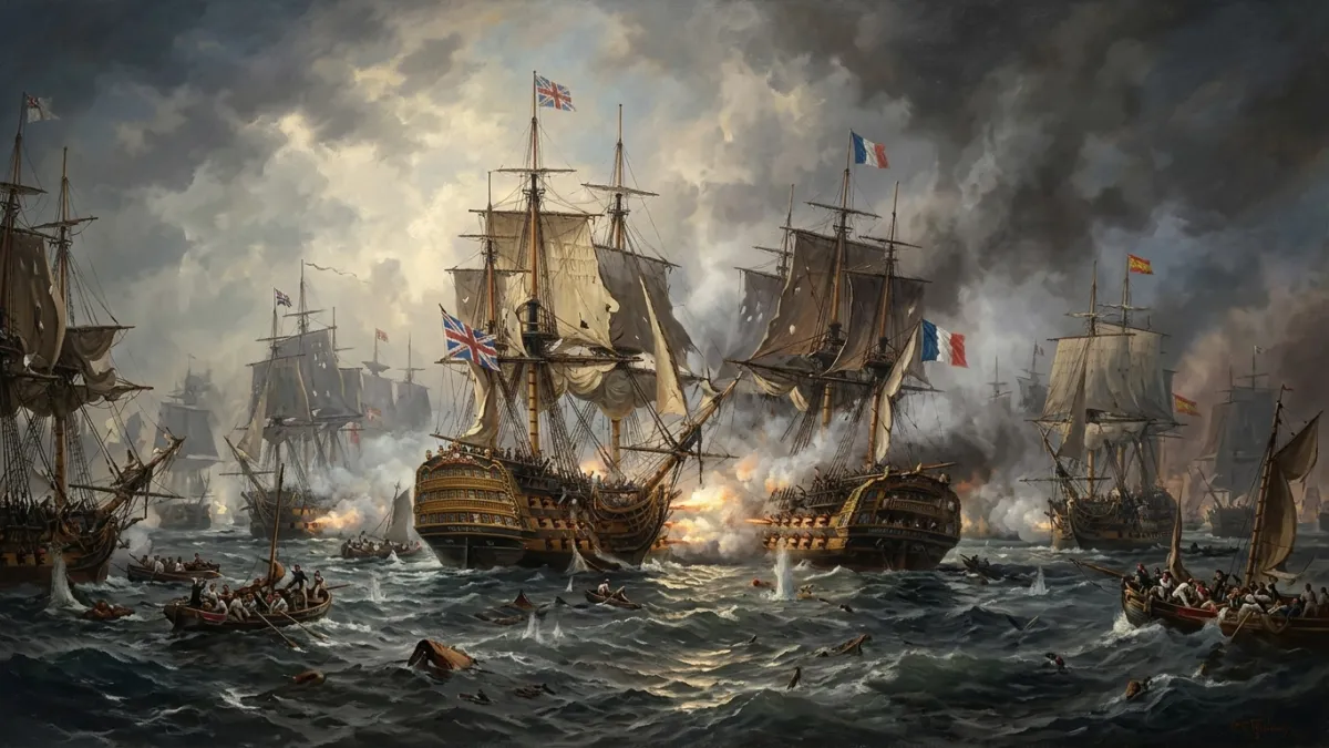 Bataille navale de Trafalgar avec des vaisseaux en feu sur mer agitée.