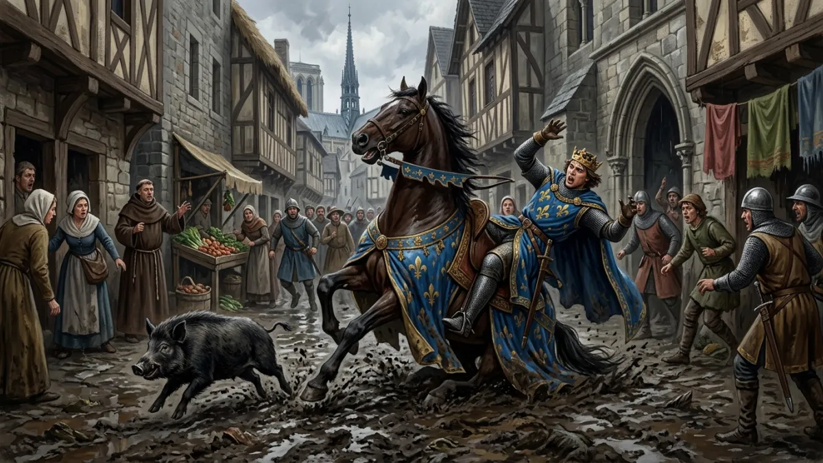 Un cochon traverse brusquement une rue médiévale, faisant chuter un cheval.