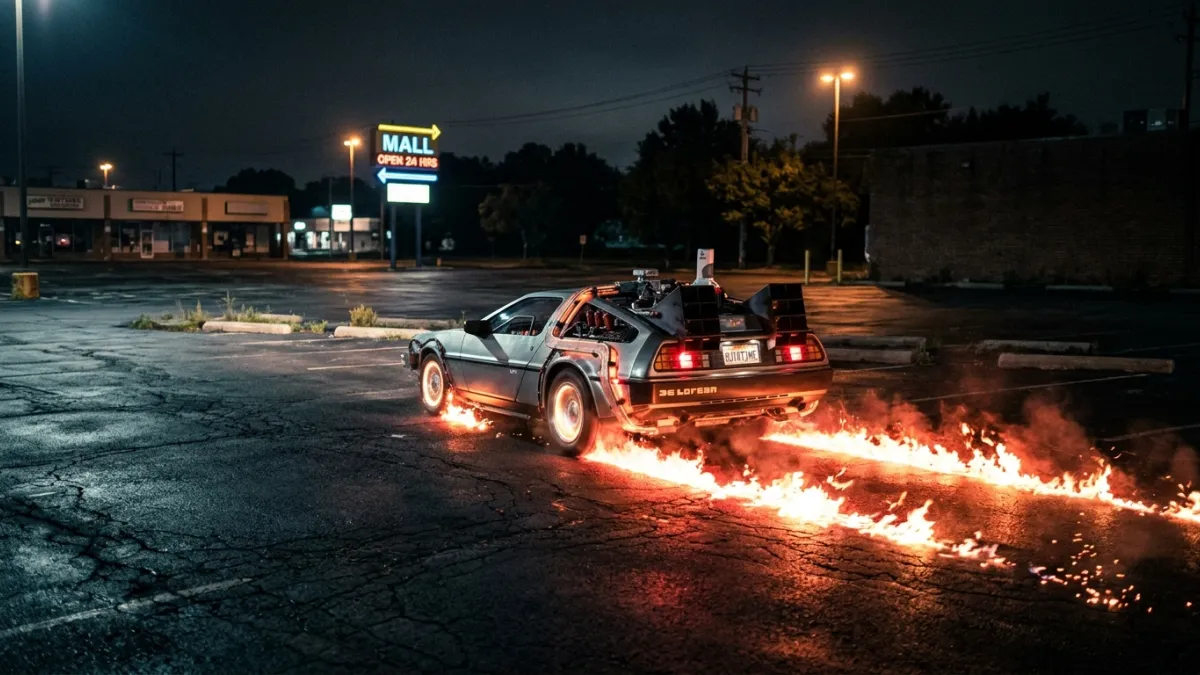 DeLorean traçant des traînées de feu sur un parking la nuit