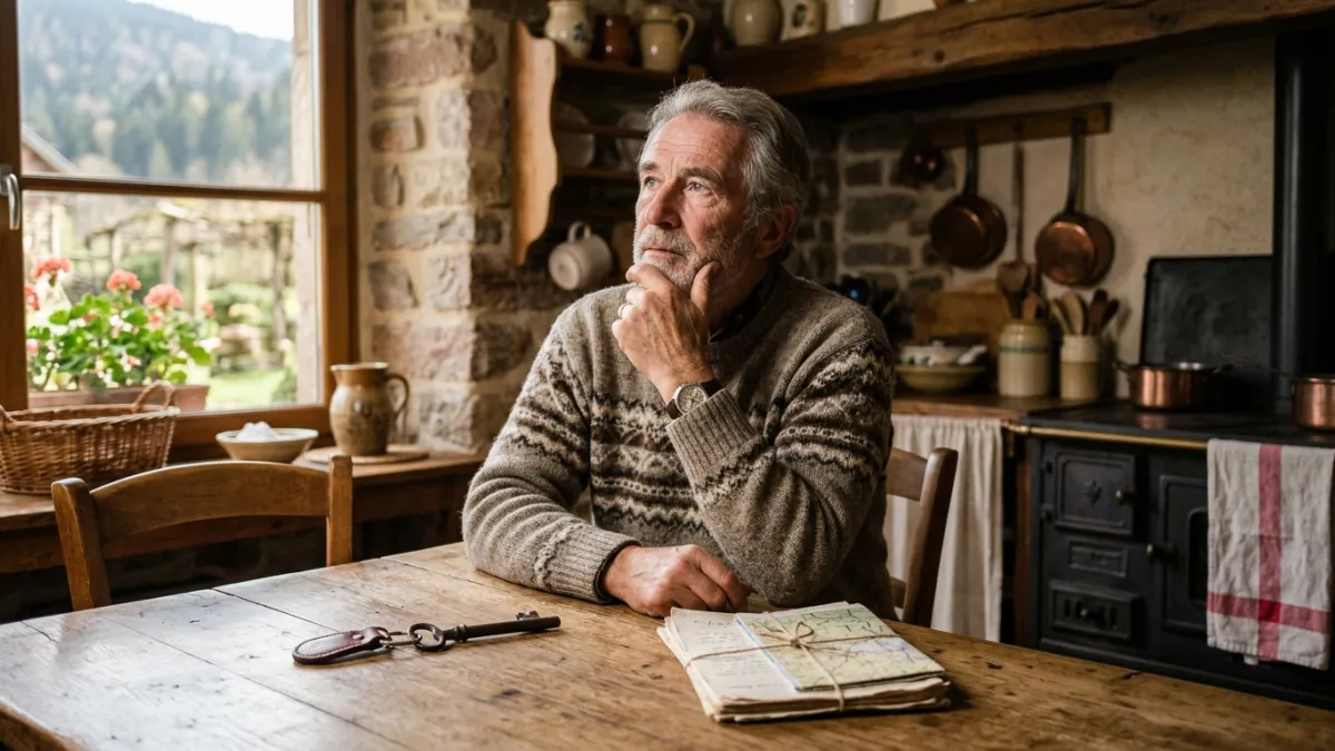 Homme senior pensif dans une cuisine vosgienne, touchant sa clé et ses papiers.