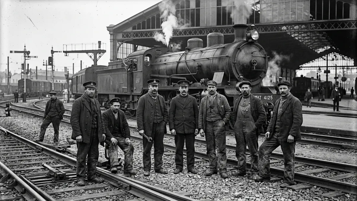 Cheminots français sur les voies devant une locomotive à vapeur en 1910.