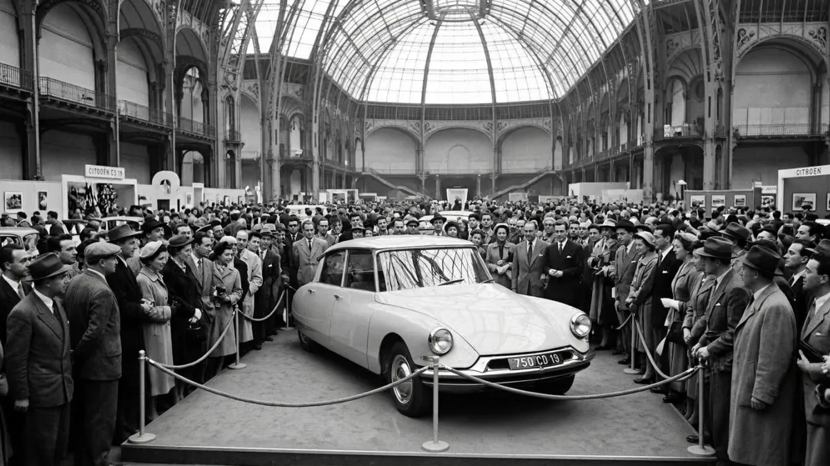 Citroën DS 19 exposée sous la verrière du Grand Palais en 1955 sans panneau.
