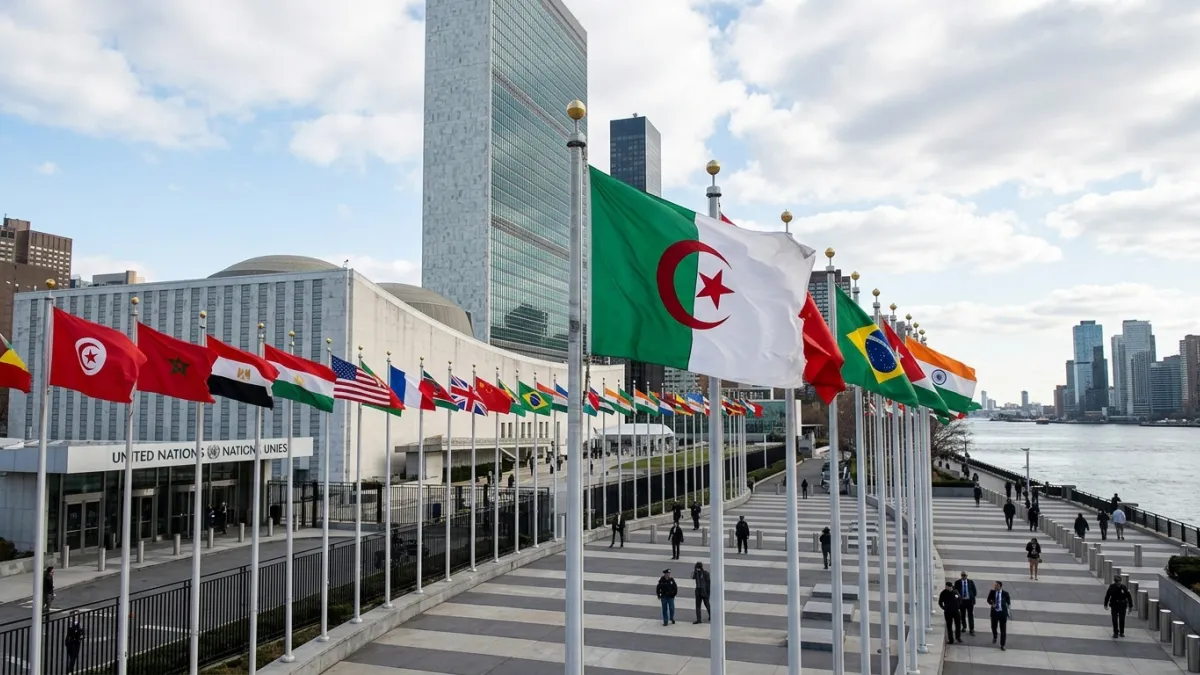 Drapeau algérien flottant devant le siège de l'ONU à New York.